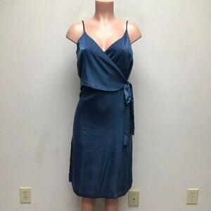 Lulus Womens Teal Blue V-Neck Tie Side Slit Camisole Satin Casual Wrap Dress M